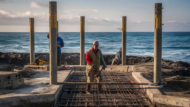 Foto instalación de pilares de hormigón de refuerzo con el mar en el fondo encofrado de hormigó