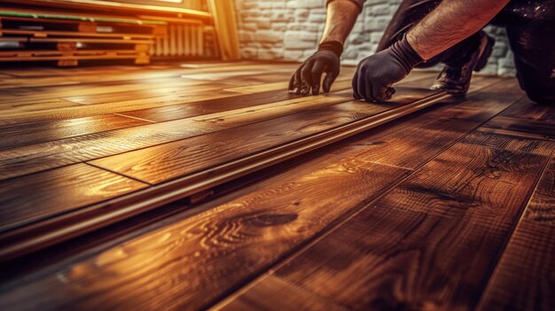 Instalación de pisos laminados Detalle de las manos de los hombres al trabajar en un piso nuevo