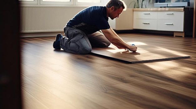 Instalación de pisos laminados mejora sala de trabajo calificada transformación artesanía de precisión generada por IA