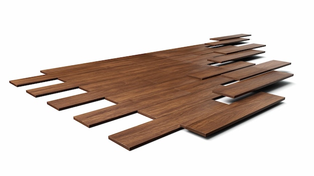 Instalación de pisos de madera fijación de parquets en el piso Ilustración 3d sobre construcción