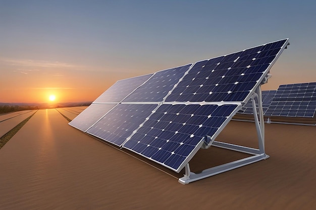 Instalación de plantas solares fotovoltaicas al atardecer Campo Casa de energía solar Fábrica