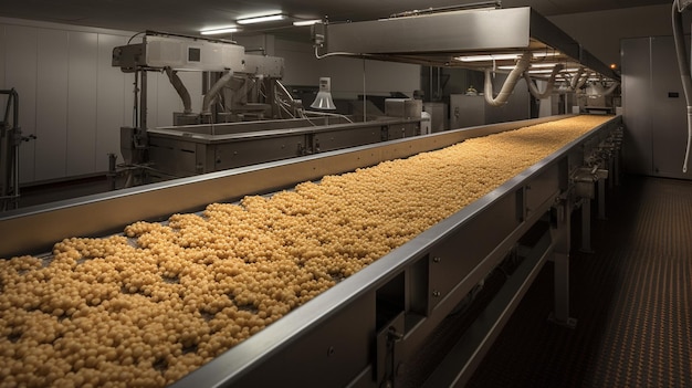 Una instalación de procesamiento de alimentos con una cinta transportadora llena de alimentos.