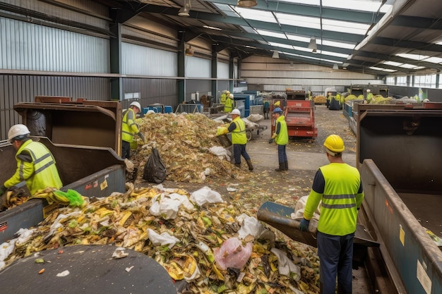 Instalación de reciclaje de desechos de alimentos con trabajadores que clasifican y reutilizan los alimentos desechados para su reutilización