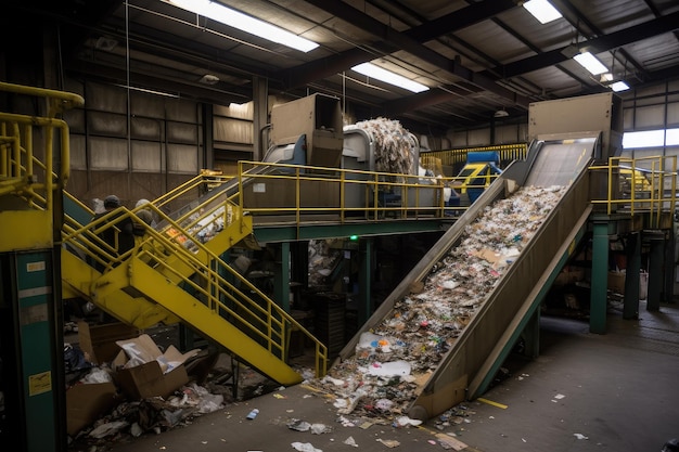 Foto instalación de reciclaje donde los trabajadores clasifican y preparan los materiales reciclables para su reutilización creados con ia generativa