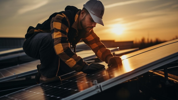 Instalación de un sistema de paneles solares fotovoltaicos Técnico de paneles solares instalando paneles solares en el techo