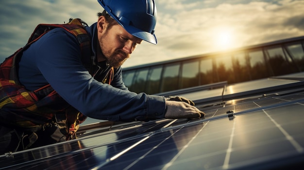 Instalación de un sistema de paneles solares fotovoltaicos Técnico de paneles solares instalando paneles solares en el techo