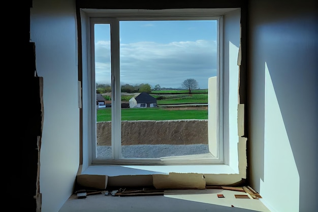 Instalación de una ventana de plástico en una casa nueva con vista del interior acabado visible