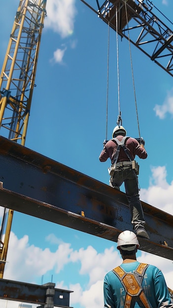 Instalación de vigas de acero con grúas y trabajadores en Hard Hatsquot