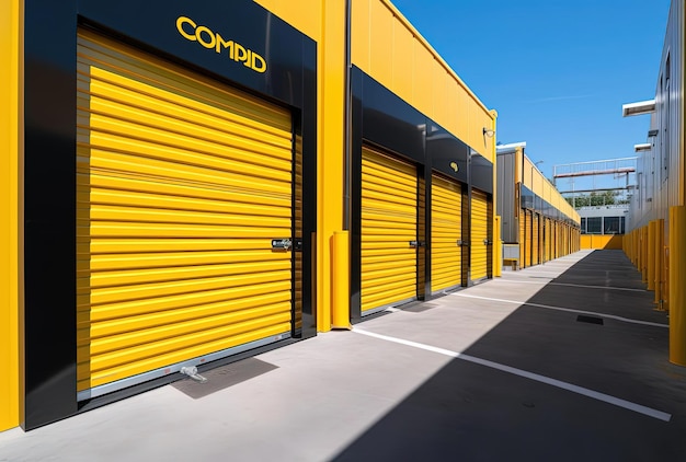 instalaciones de comodo almacenamiento comercial para alquiler o arrendamiento en estilo gris oscuro y amarillo