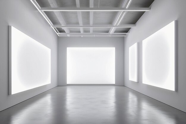 Foto instalações de luzes dinâmicas em uma maquete de galeria de vanguarda com espaço branco vazio para colocar seu projeto