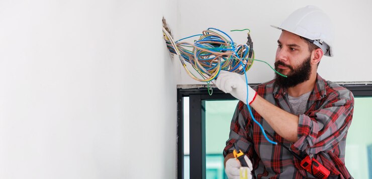 Instalador de ingeniero electricista masculino hispano con una herramienta en sus manos Servicio de mantenimiento Reparación y concepto de manitas