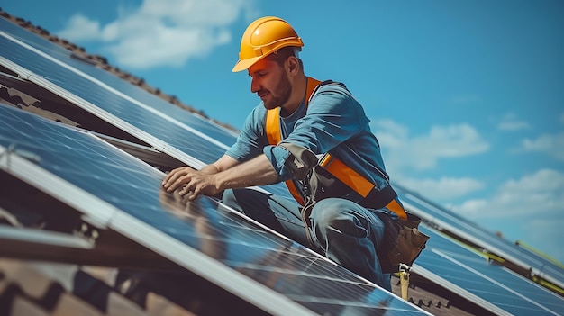 Un instalador de paneles solares con un casco y equipo de seguridad está instalando cuidadosamente paneles solares en un techo