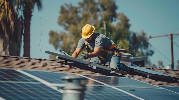 Foto un instalador de paneles solares con un casco y equipo de seguridad se muestra arrodillado en un techo e instalando paneles solares el fondo está borroso