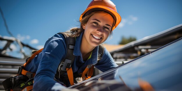 Instaladora profesional de paneles solares fotovoltaicos en el trabajo