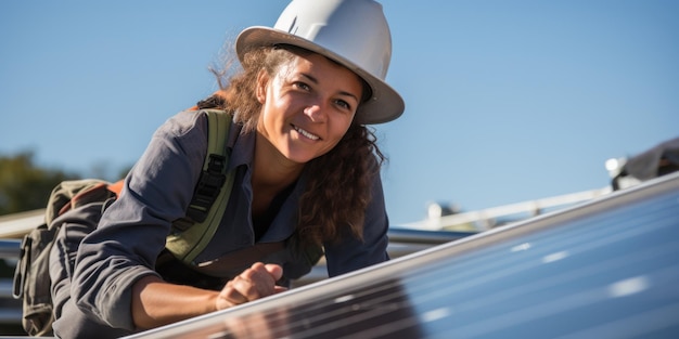 Instaladora profesional de paneles solares fotovoltaicos en el trabajo