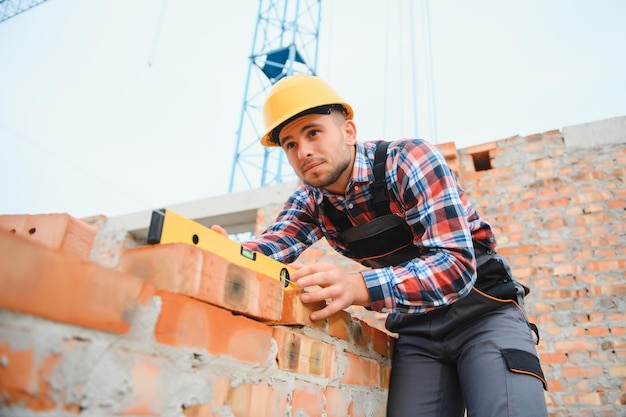 Instalando a parede de tijolos Trabalhador da construção em uniforme e equipamento de segurança tem trabalho na construção