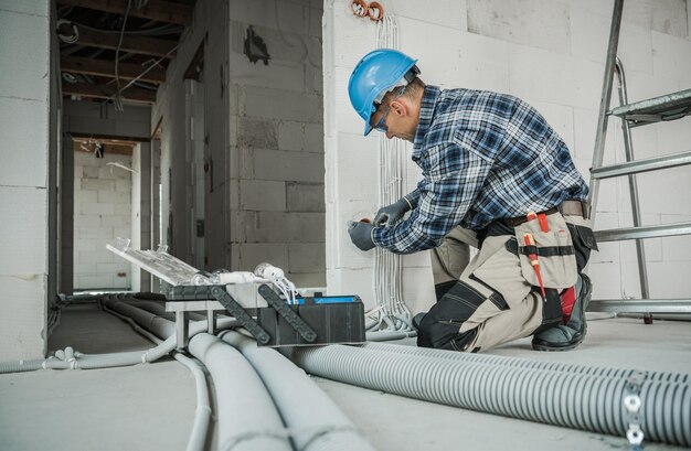 Installation der elektrischen Verkabelung eines neu gebauten Wohngebäudes durch einen professionellen kaukasischen Elektriker