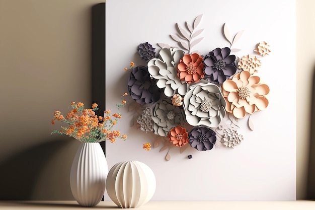 Installation mit Blumen in Vase und 3D-Rendering Papierblumen auf dem Hintergrund der Wand mit weißer Tafel generativer ai