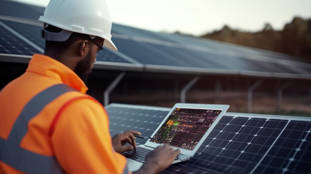 Installation von Solarmodulen für nachhaltige Energie. Der Elektrotechniker hält einen Laptop mit Solarmodul in der Hand und überprüft die Leistung