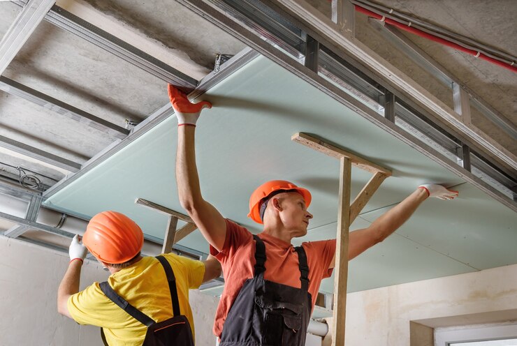 Foto installation von trockenbau. arbeiter montieren eine gipskartonplatte an der decke.