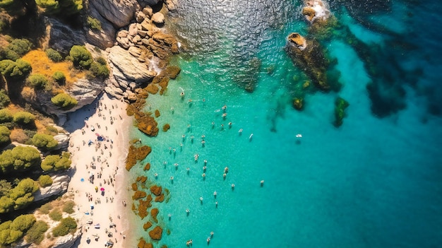 Una instantánea aérea impresionante de una playa idílica animada durante un día de verano bañado por el sol