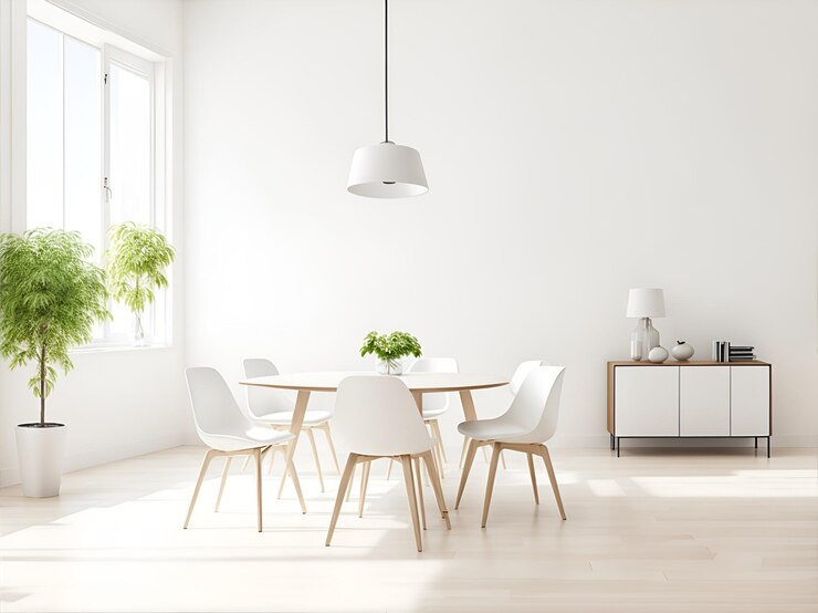 Instantánea de un comedor minimalista con líneas limpias y una sensación luminosa y aireada