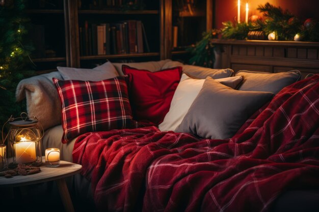 Una instantánea festiva de una sala de estar con una manta de flanela en el sofá celebrando la Navidad