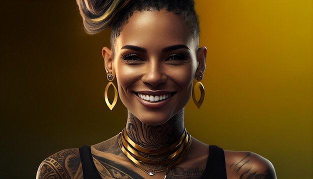 Instantánea hiperrealista de medio cuerpo retrato sonriente de una mujer negra indígena tatuada de América del Sur línea de tatuaje de oro punk futurista AIx9 generativo