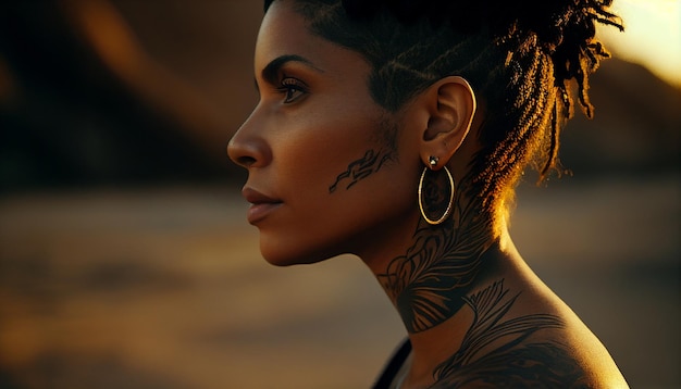 Instantánea hiperrealista de medio cuerpo retrato sonriente de una mujer negra indígena tatuada de América del Sur línea de tatuaje de oro punk futurista IA generativa