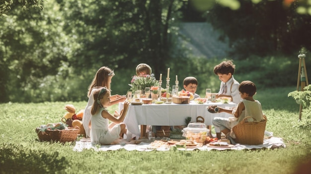 Una instantánea de niños disfrutando de un picnic especial al aire libre o una fiesta temática de picnic saboreando deliciosos