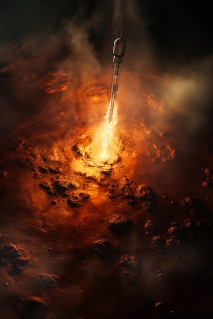 Instantâneo aéreo da sonda de Vênus descendo em direção a terreno alienígena