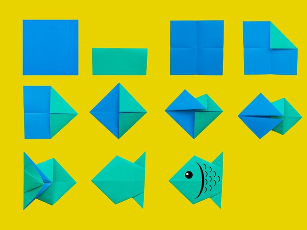 Foto instrucción paso a paso cómo hacer peces origami diy para niños