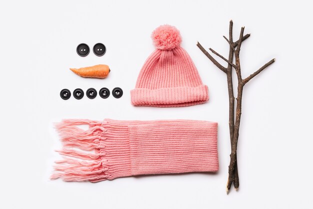Foto instrucciones para el diseño de un muñeco de nieve. sombrero, bufanda, zanahoria, botones y ramas de árboles: listos para la diversión invernal