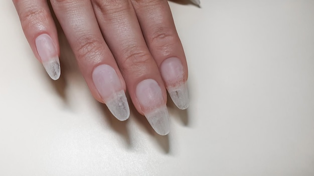 Instrucciones paso a paso para la extensión de uñas en puntas de gel Manos de manicura en primer plano