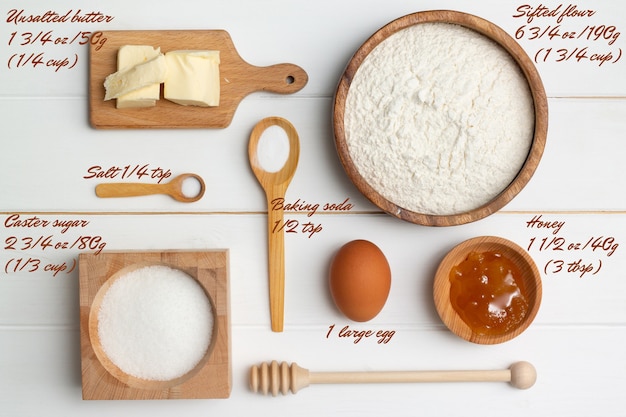 Instruções passo a passo da receita do bolo em forma de coração. ingredientes da padaria. manteiga farinha açúcar ovo mel sal soda. postura plana.