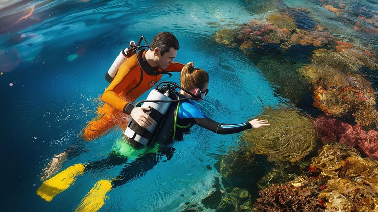Un instructor de buceo ayudando a un estudiante en aguas abiertas