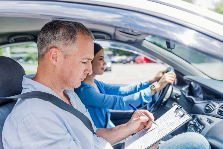 Instructor de la escuela de manejo dando el examen mientras está sentado en el coche.