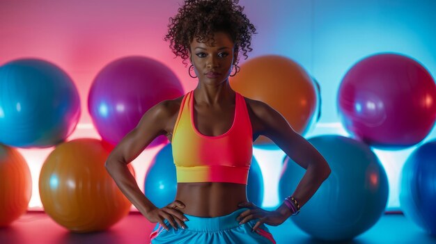 Instructor de fitness confiado de pie con las manos en las caderas en el gimnasio con bolas de ejercicio de colores en