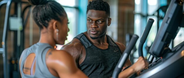 Instructor de fitness ofreciendo estímulo a una mujer que hace ejercicio en un crosstrainer