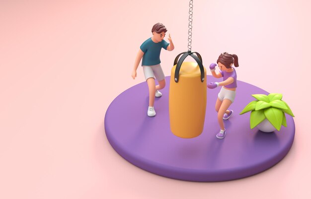 instructor, con, un, mujer, boxeo, 3d, ilustración