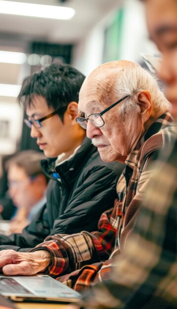 Instructor de tecnología ayudando a un anciano con una computadora portátil en una clase de alfabetización digital