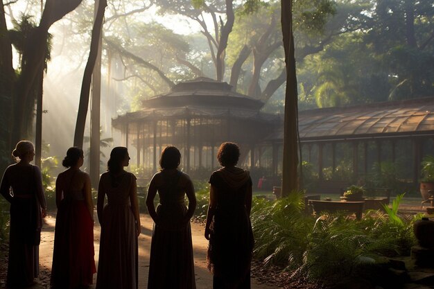 Foto instructor de yoga dirigiendo una clase en un jardín sereno al amanecer