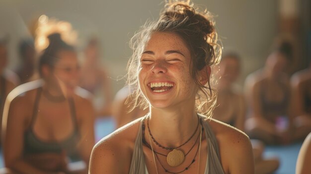 Instruktor lacht übertrieben während des Yogakurses Generative KI