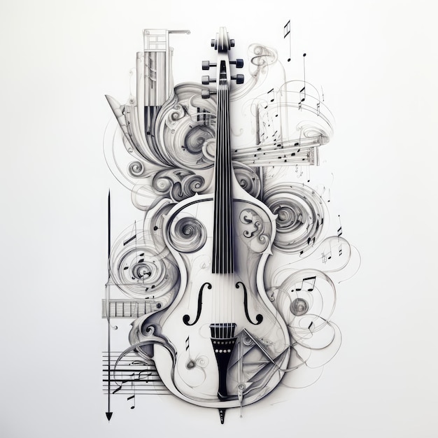 Instrumentale Harmonie Eine minimalistische Bleistiftzeichnung, die Musikinstrumente in abstrakter Fusion vereint
