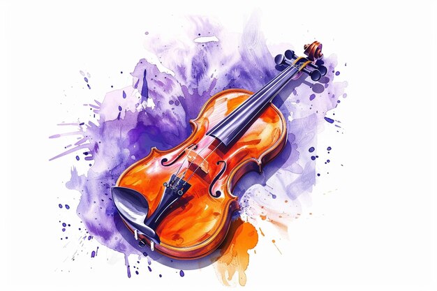 Instrumento de música clássica de violino com símbolos de melodia em mancha roxa