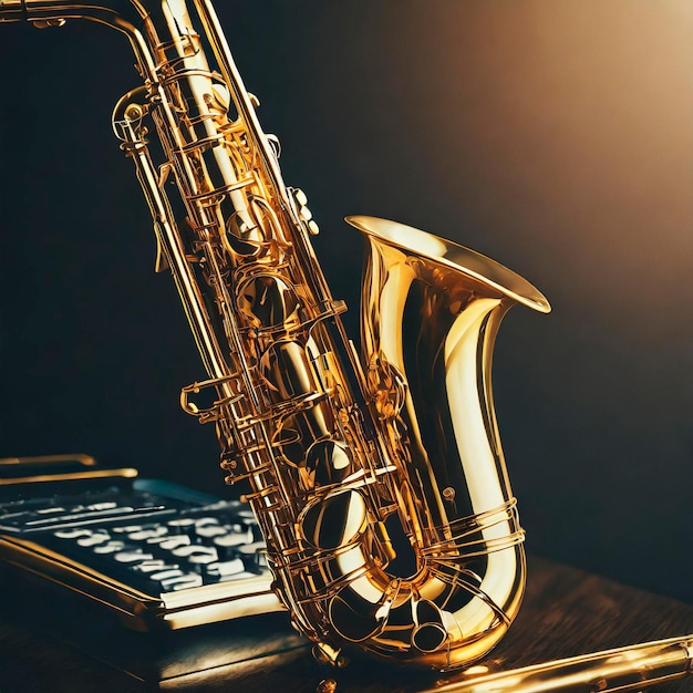 Foto instrumento de saxofone de bronze brilhante em estilo dourado