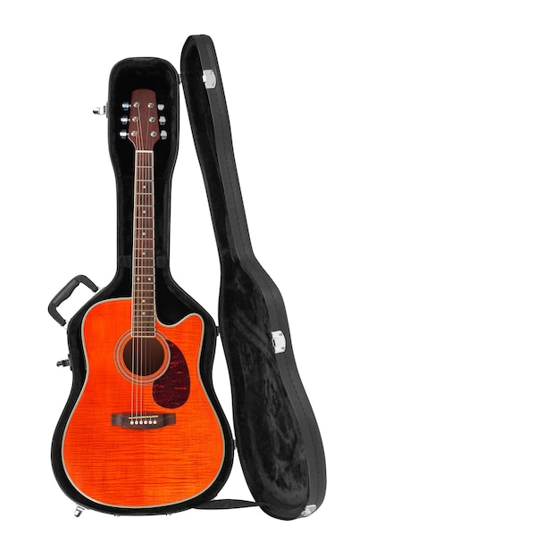 Instrumento musical caso rígido de guitarra acústica laranja isolado fundo branco