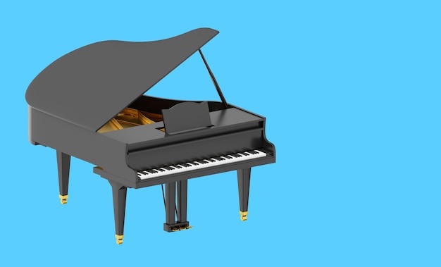 Instrumento musical de piano de cauda preto realista renderização 3d Ícone no espaço de fundo azul para texto