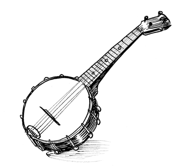 Bajo instrumento musical. Dibujo a tinta en blanco y negro