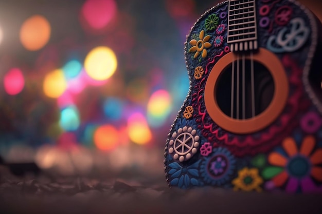 Instrumento musical expressivo de guitarra colorida hippie para almas criativas